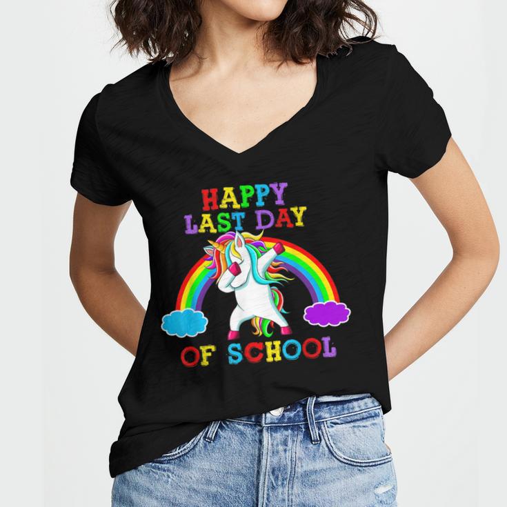 Happy Last Day Of School Teacher Student Graduation Unicorn Women's Jersey Short Sleeve Deep V-Neck Tshirt