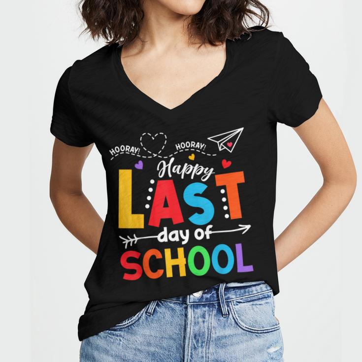 Happy Last Day Of School Teacher Women Student Graduation Women's Jersey Short Sleeve Deep V-Neck Tshirt