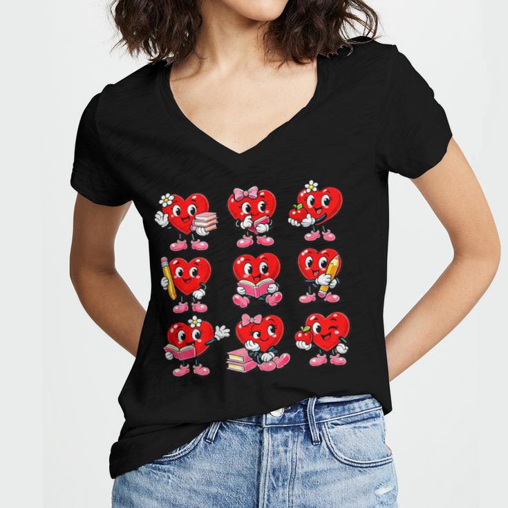 Heart Reading Books Valentine’s Day Girl And Boy Book Lovers Women's Jersey Short Sleeve Deep V-Neck Tshirt
