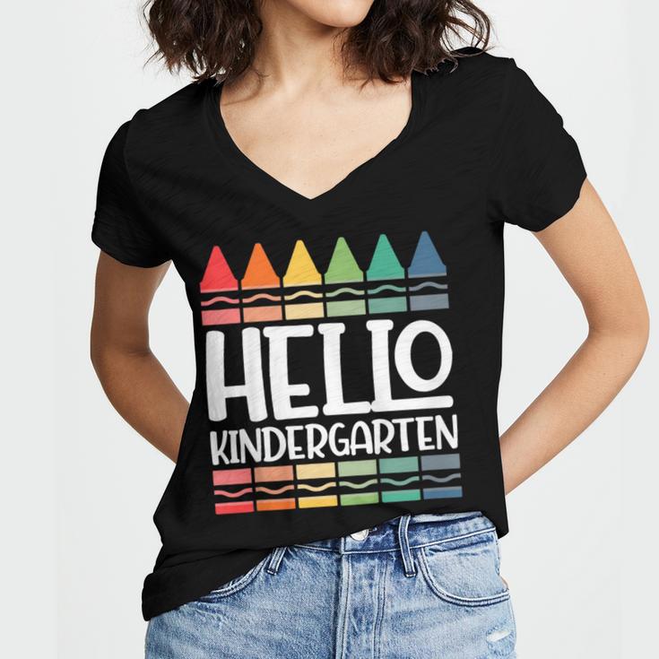 Hello Kindergarten First Day Back To School Graduation Women's Jersey Short Sleeve Deep V-Neck Tshirt