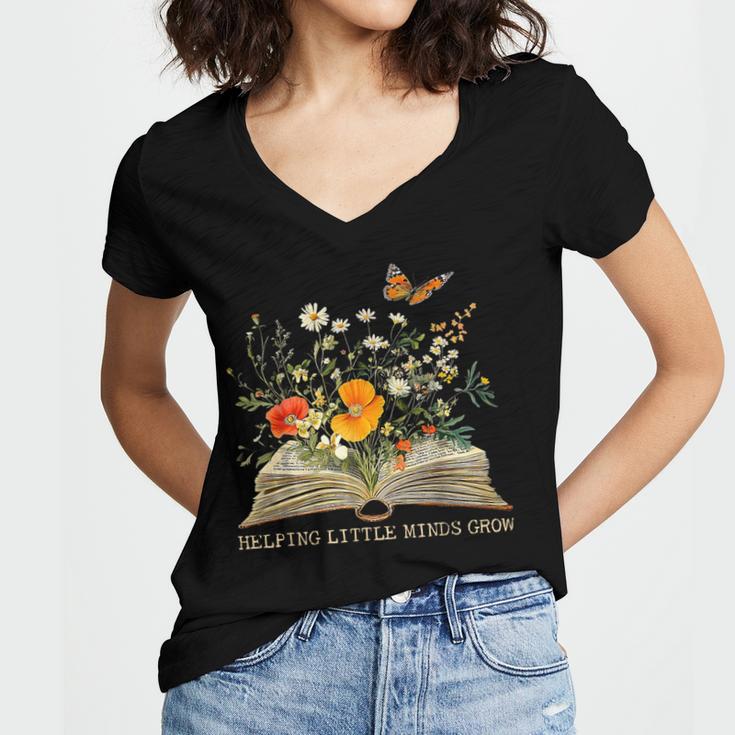 Helping Little Minds Grow Floral Book Education SPED Teacher Women's Jersey Short Sleeve Deep V-Neck Tshirt