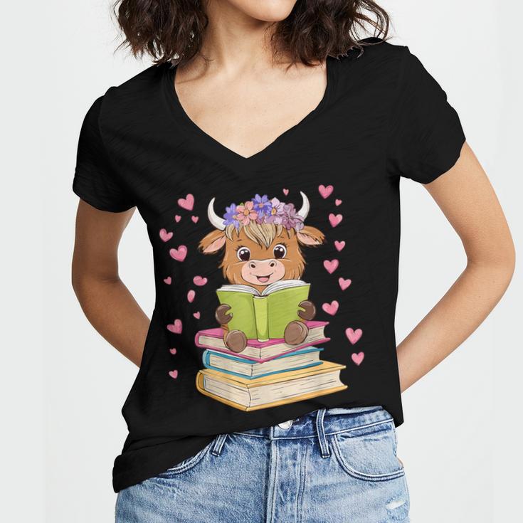 Highland Cow Reading Book Floral Bookworm Women's Jersey Short Sleeve Deep V-Neck Tshirt