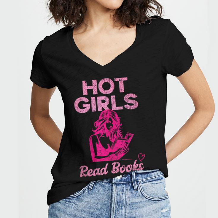 Hot Girls Read Books Cute Book Reader Women Women's Jersey Short Sleeve Deep V-Neck Tshirt