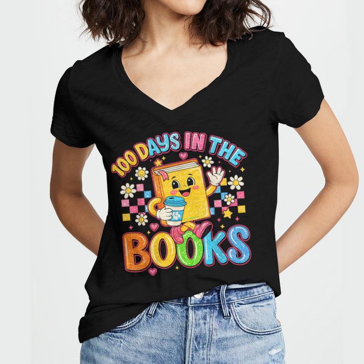 HUGvyn Preppy 100 Days In The Books Teacher Reading Coffee Women's Jersey Short Sleeve Deep V-Neck Tshirt