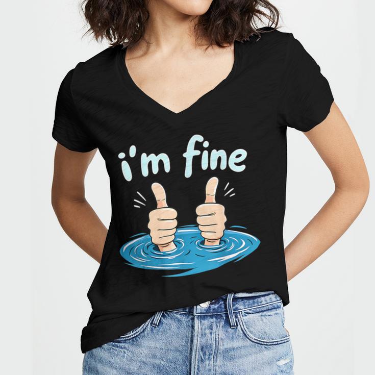 I'm Fine Drowning Thumbs Up Introvert Meme Humor Women's Jersey Short Sleeve Deep V-Neck Tshirt