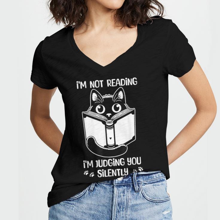 I’m Not Reading I’m Judging You Silently Fun Cat Book Lover Women's Jersey Short Sleeve Deep V-Neck Tshirt I’m Not Reading I’m Judging You Silently Fun Cat Book Lover Women's Jersey Short Sleeve Deep V-Neck Tshirt