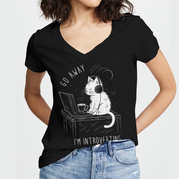 Introvert Cat With Coffee On Computer Antisocial Emo Goth Women's Jersey Short Sleeve Deep V-Neck Tshirt Introvert Cat With Coffee On Computer Antisocial Emo Goth Women's Jersey Short Sleeve Deep V-Neck Tshirt