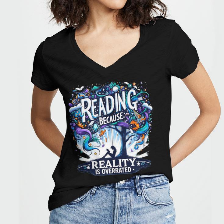 Introvert Reader Bibliofile Bookworm Loves Books Women's Jersey Short Sleeve Deep V-Neck Tshirt