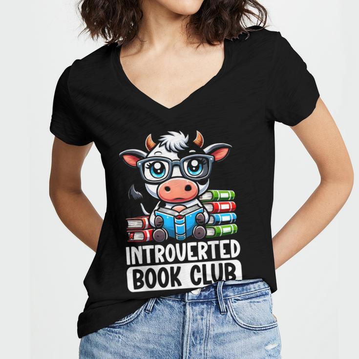 Introverted Book Club Reading Lover Cow Women's Jersey Short Sleeve Deep V-Neck Tshirt