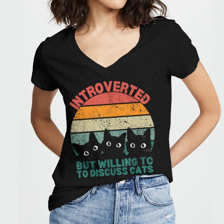 Introverted But Willing To Discuss Cats Women's Jersey Short Sleeve Deep V-Neck Tshirt