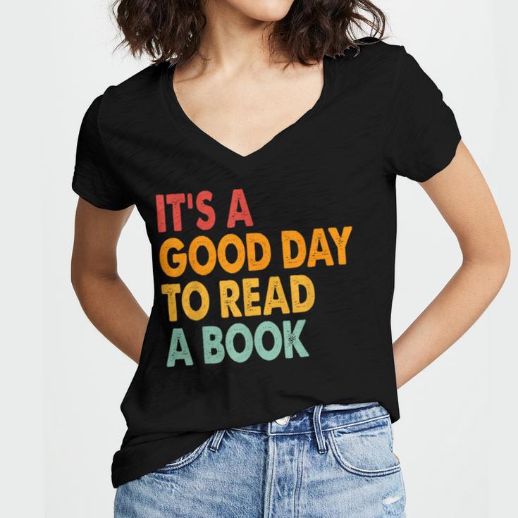 It's A Good Day To Read A Book Retro Vintage Teacher Women's Jersey Short Sleeve Deep V-Neck Tshirt