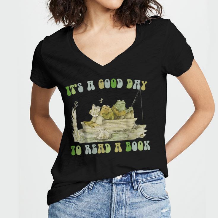 It's A Good Day To Read A Book Shirt Frog Reading Book Women's Jersey Short Sleeve Deep V-Neck Tshirt