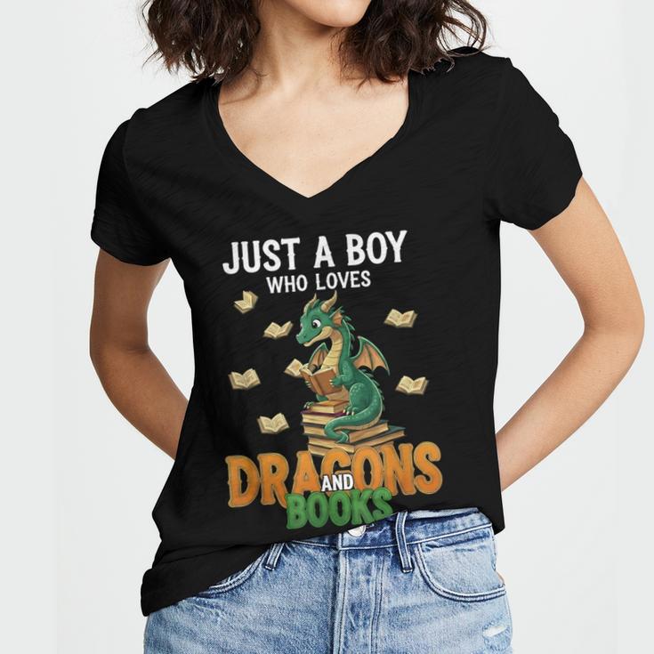 Just a Boy Who Loves Dragons And Books Reading Dragon Women's Jersey Short Sleeve Deep V-Neck Tshirt