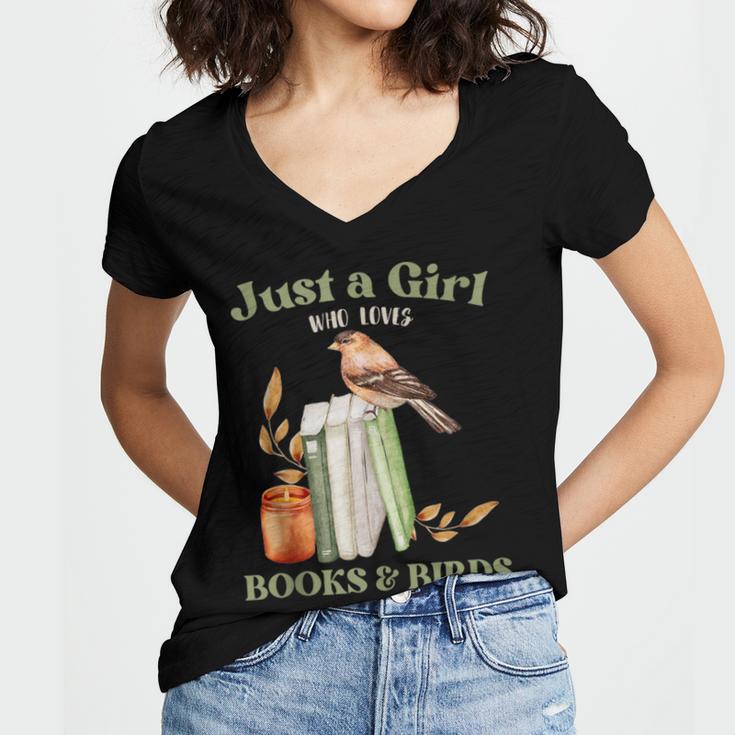 Just a Girl Who Loves Books And Birds Book Reading Bird Love Women's Jersey Short Sleeve Deep V-Neck Tshirt