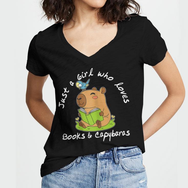 Just a Girl Who Loves Books And Capybaras Women's Jersey Short Sleeve Deep V-Neck Tshirt