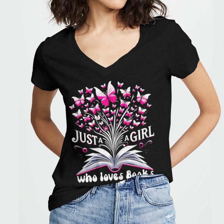 Just a Girl Who Loves Books Reading Book Butterfly Bookworm Women's Jersey Short Sleeve Deep V-Neck Tshirt Just a Girl Who Loves Books Reading Book Butterfly Bookworm Women's Jersey Short Sleeve Deep V-Neck Tshirt
