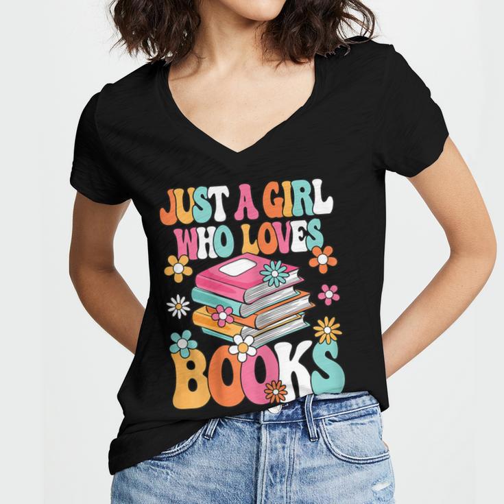 Just A Girl Who Loves Books Reading Cute Bookworm Girls Kids Women's Jersey Short Sleeve Deep V-Neck Tshirt