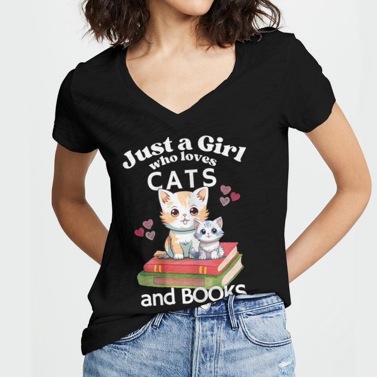 Just A Girl That Loves Cats And Books Cute Cat & Bookwork Women's Jersey Short Sleeve Deep V-Neck Tshirt Just A Girl That Loves Cats And Books Cute Cat & Bookwork Women's Jersey Short Sleeve Deep V-Neck Tshirt