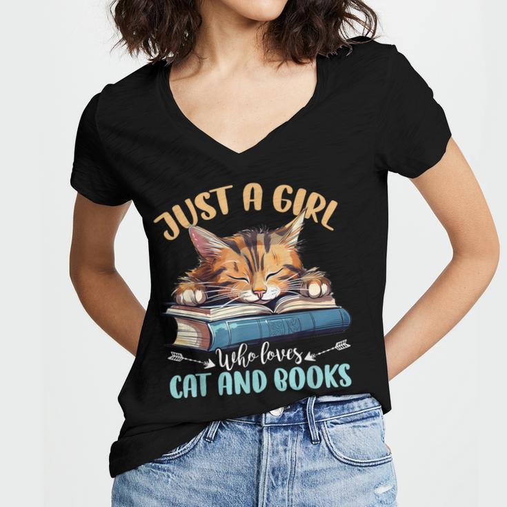 Just a Girl Who Loves Cats And Books Kitties Pet Art Lover Women's Jersey Short Sleeve Deep V-Neck Tshirt Just a Girl Who Loves Cats And Books Kitties Pet Art Lover Women's Jersey Short Sleeve Deep V-Neck Tshirt