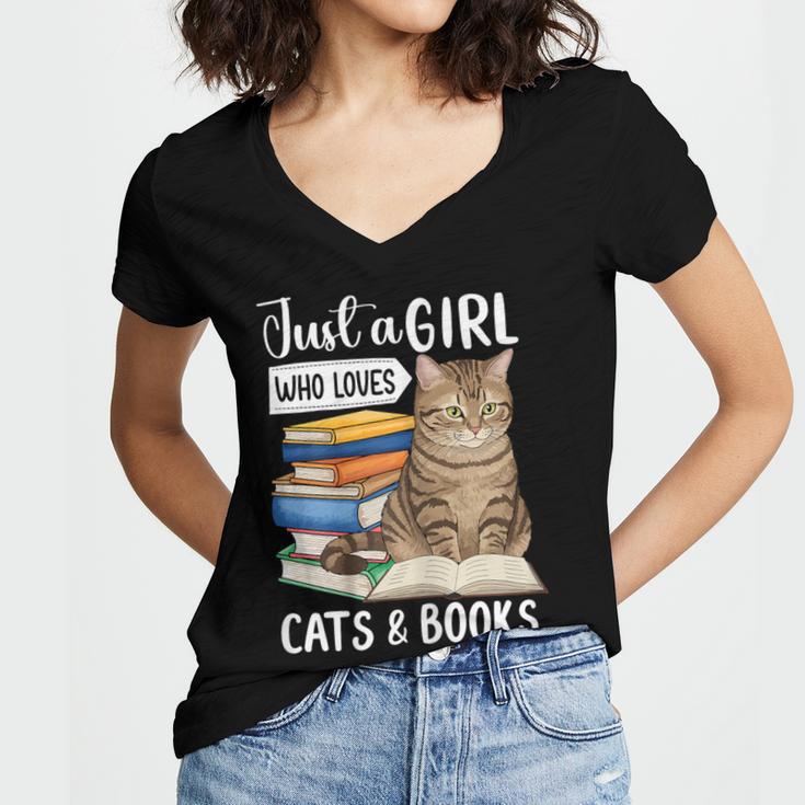 Just a Girl Who Loves Cats And Books Women's Jersey Short Sleeve Deep V-Neck Tshirt