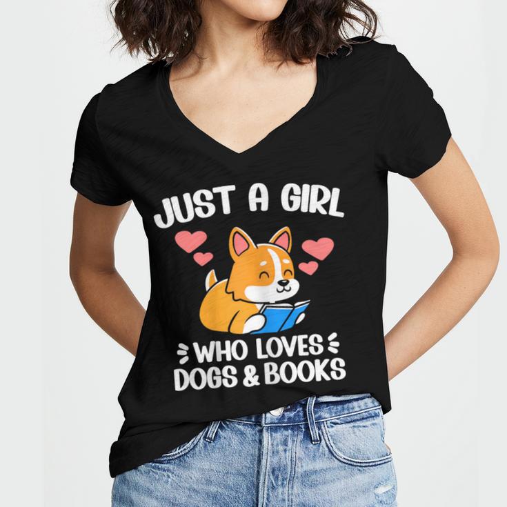 Just A Girl Who Loves Dogs And Books Reading Dog Puppy Lover Women's Jersey Short Sleeve Deep V-Neck Tshirt