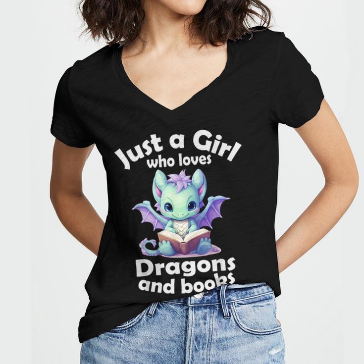 Just a Girl Who Loves Dragons And Books Dragon For Kids Women's Jersey Short Sleeve Deep V-Neck Tshirt Just a Girl Who Loves Dragons And Books Dragon For Kids Women's Jersey Short Sleeve Deep V-Neck Tshirt