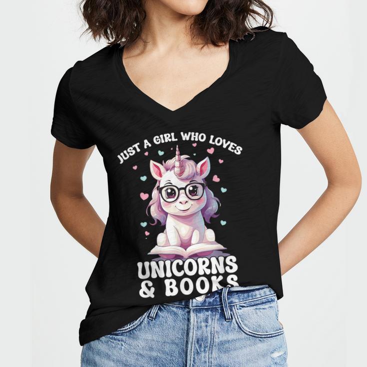 Just a Girl Who Loves Unicorns & Books Bookish Unicorn Love Women's Jersey Short Sleeve Deep V-Neck Tshirt