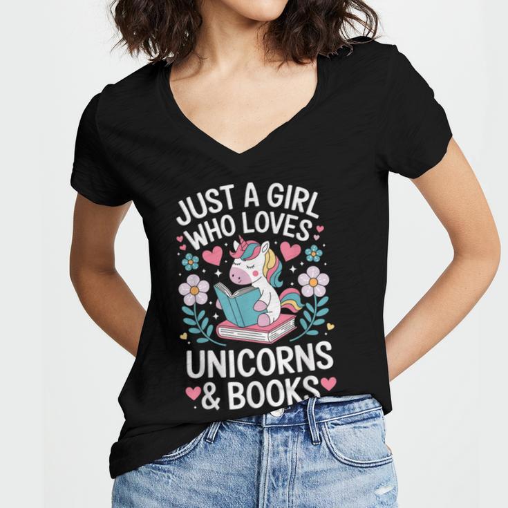 Just a Girl Who Loves Unicorns And Books Women's Jersey Short Sleeve Deep V-Neck Tshirt