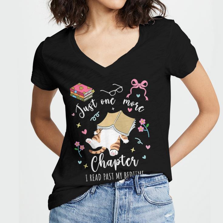Just One More Chapter I Read Past My Bedtime Cat Book Lover Women's Jersey Short Sleeve Deep V-Neck Tshirt