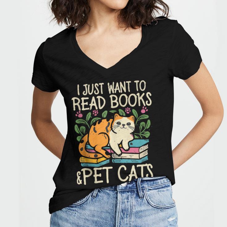 I Just Want To Read Books And Pet Cats Introvert Women's Jersey Short Sleeve Deep V-Neck Tshirt I Just Want To Read Books And Pet Cats Introvert Women's Jersey Short Sleeve Deep V-Neck Tshirt