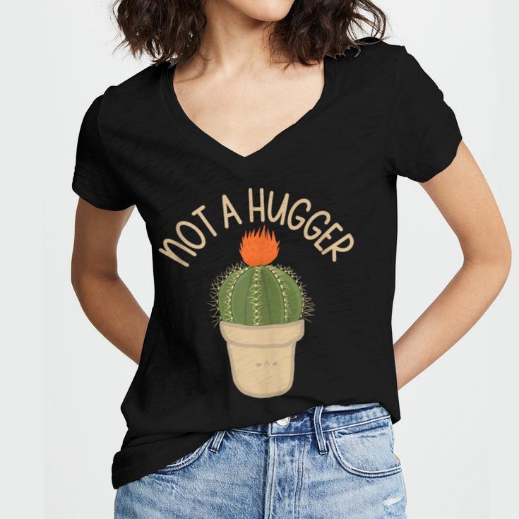 Kawaii Grumpy Cactus Not a Hugger Plant Introvert Women's Jersey Short Sleeve Deep V-Neck Tshirt