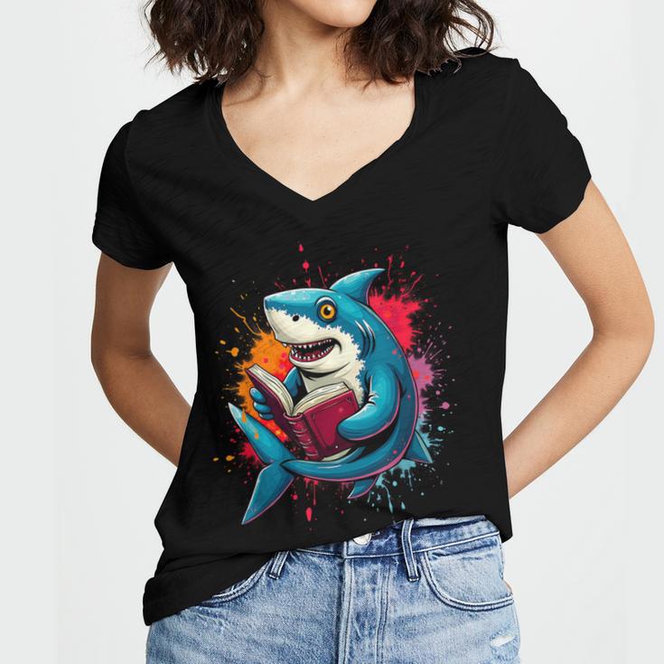 Kawaii Shark Reads Book Reading Library Book Bookworm Women's Jersey Short Sleeve Deep V-Neck Tshirt Kawaii Shark Reads Book Reading Library Book Bookworm Women's Jersey Short Sleeve Deep V-Neck Tshirt