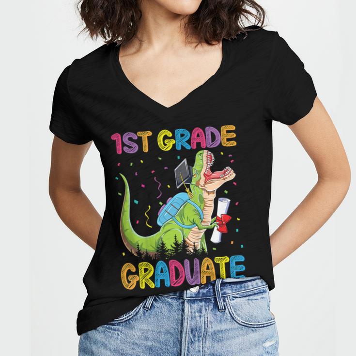 Kids 1st Grade Graduate Dinosaur Trex 1st Grade Graduation Women's Jersey Short Sleeve Deep V-Neck Tshirt