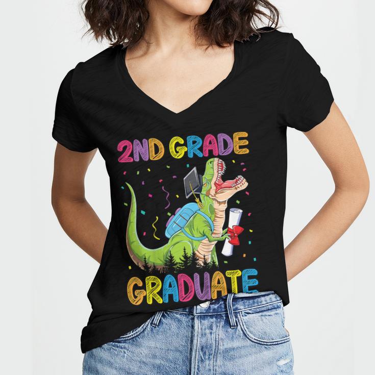 Kids 2nd Grade Graduate Dinosaur Trex 2nd Grade Graduation Women's Jersey Short Sleeve Deep V-Neck Tshirt