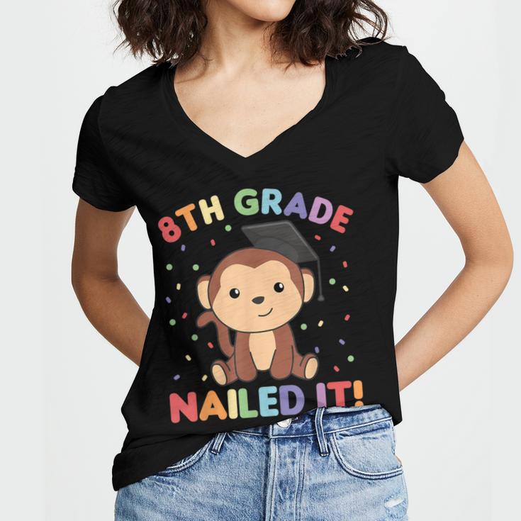Kids 8th Grade Nailed It Monkey Graduation Women's Jersey Short Sleeve Deep V-Neck Tshirt