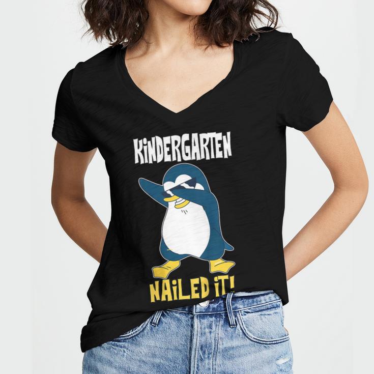 Kids Kindergarten Dabbing Penguin Nailed It Graduation Class 2021 Women's Jersey Short Sleeve Deep V-Neck Tshirt