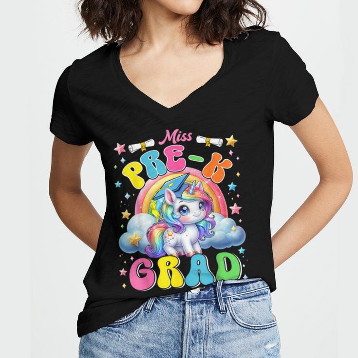 Kids Miss Pre-K Grad Graduation Cute Unicorn Rainbow Girls Women's Jersey Short Sleeve Deep V-Neck Tshirt