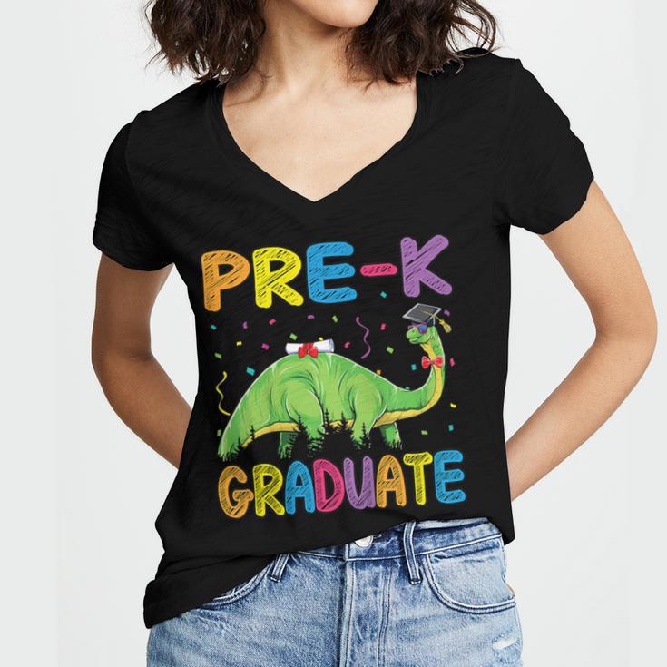 Kids Pre-K Graduate Brontosaurus Dino Pre Kindergarten Graduation Women's Jersey Short Sleeve Deep V-Neck Tshirt