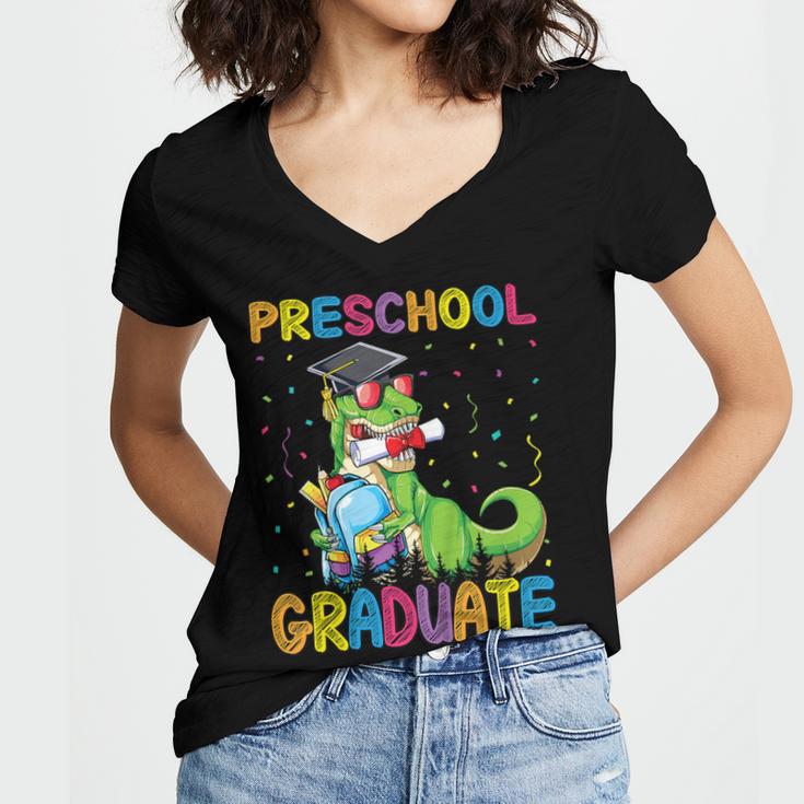 Kids Preschool Graduate T-Rex Dinosaur Preschool Graduation Women's Jersey Short Sleeve Deep V-Neck Tshirt