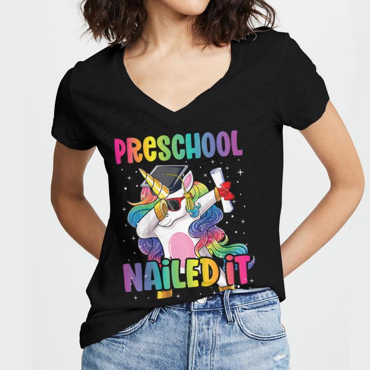 Kids Preschool Graduate Unicorn Nailed It Preschool Graduation Women's Jersey Short Sleeve Deep V-Neck Tshirt