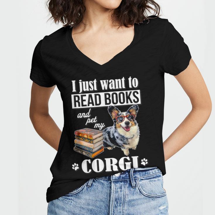 Kids Read Books & Pet My Blue Merle Corgi Lover Women's Jersey Short Sleeve Deep V-Neck Tshirt