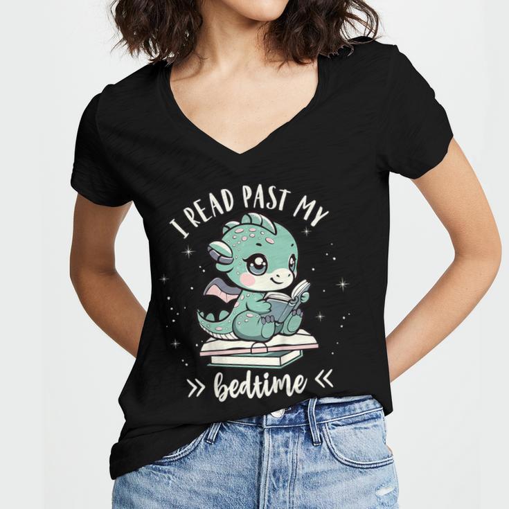 Kids I Read Past My Bedtime Cute Book Dragon Pajama Women's Jersey Short Sleeve Deep V-Neck Tshirt