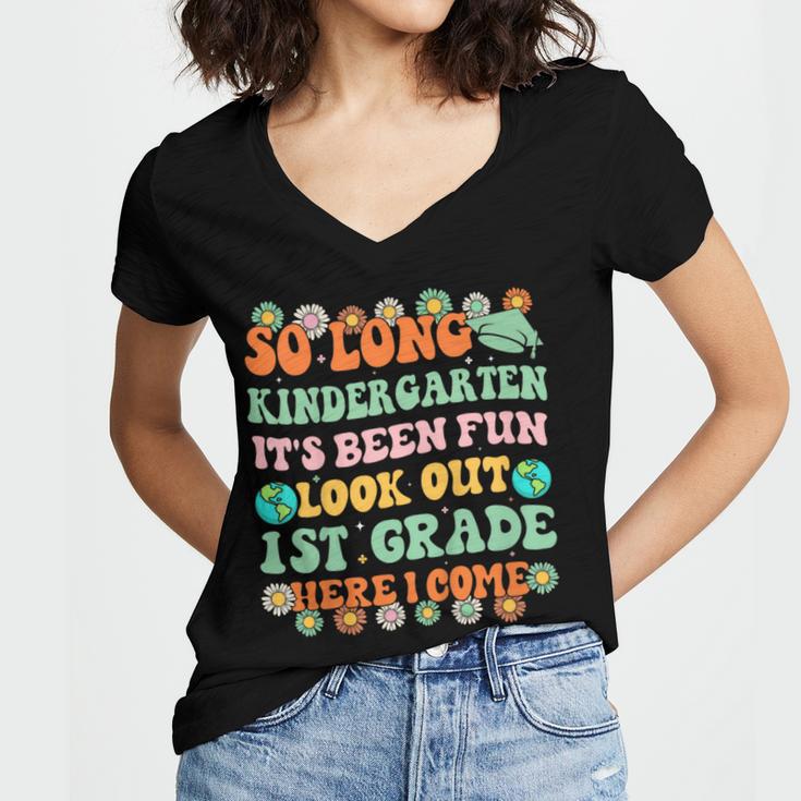 Kids So Long Kindergarten 1st Grade Here I Come Graduation Groovy Women's Jersey Short Sleeve Deep V-Neck Tshirt