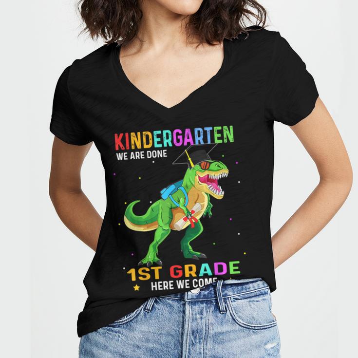 Kindergarten Graduation 1st Here We Come Class 2023 Dinosaur Women's Jersey Short Sleeve Deep V-Neck Tshirt