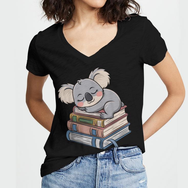 Koala Reading Book Pajama Sleep Women's Jersey Short Sleeve Deep V-Neck Tshirt