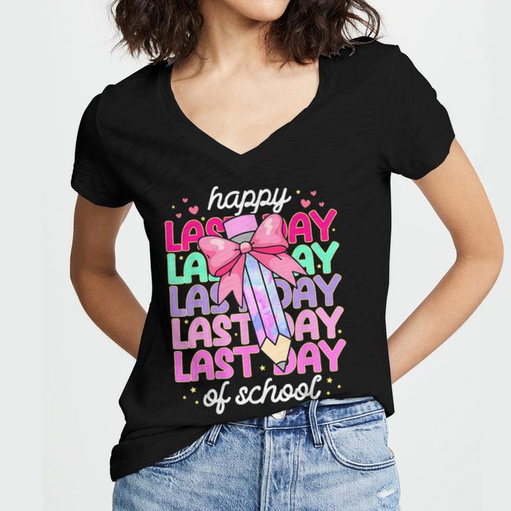 Last Day Of School Shirt Coquette Bow School Graduation Women's Jersey Short Sleeve Deep V-Neck Tshirt