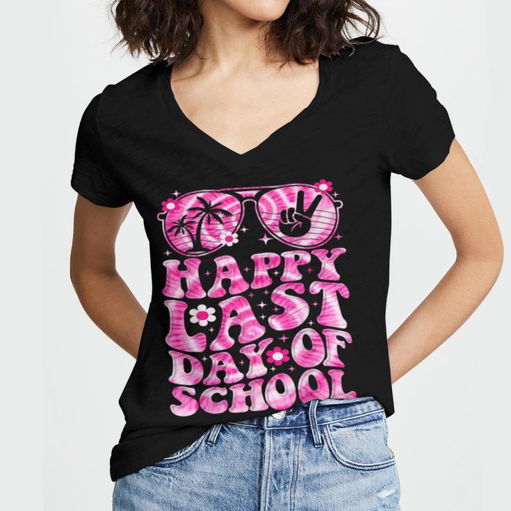 Last Day Of School Teacher Students School Graduation Groovy Women's Jersey Short Sleeve Deep V-Neck Tshirt