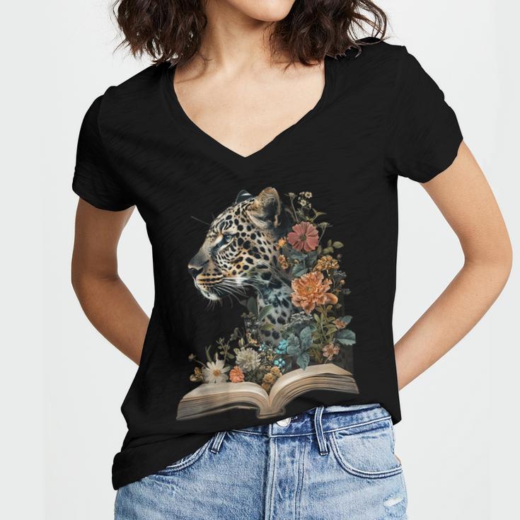 Leopard Book Flower Women's Jersey Short Sleeve Deep V-Neck Tshirt