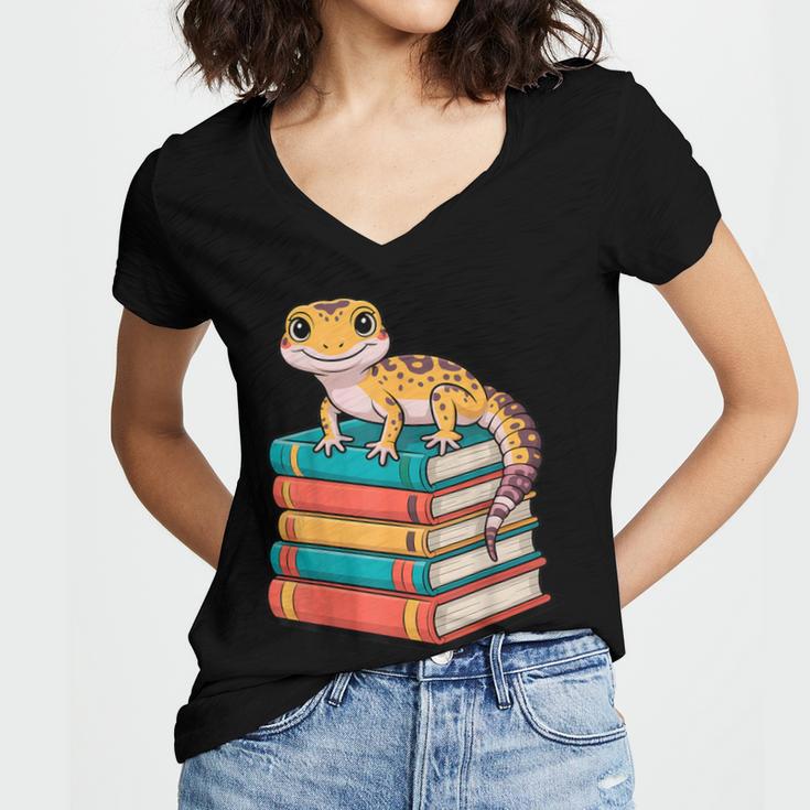 Leopard Gecko Book Lover Reading Women's Jersey Short Sleeve Deep V-Neck Tshirt