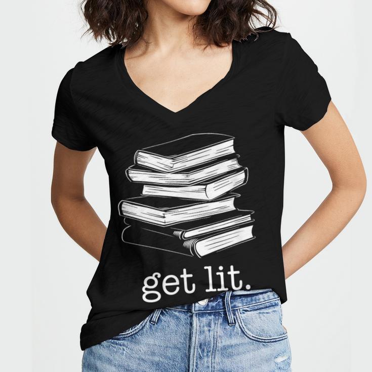 Let's Get Lit Books Women's Jersey Short Sleeve Deep V-Neck Tshirt